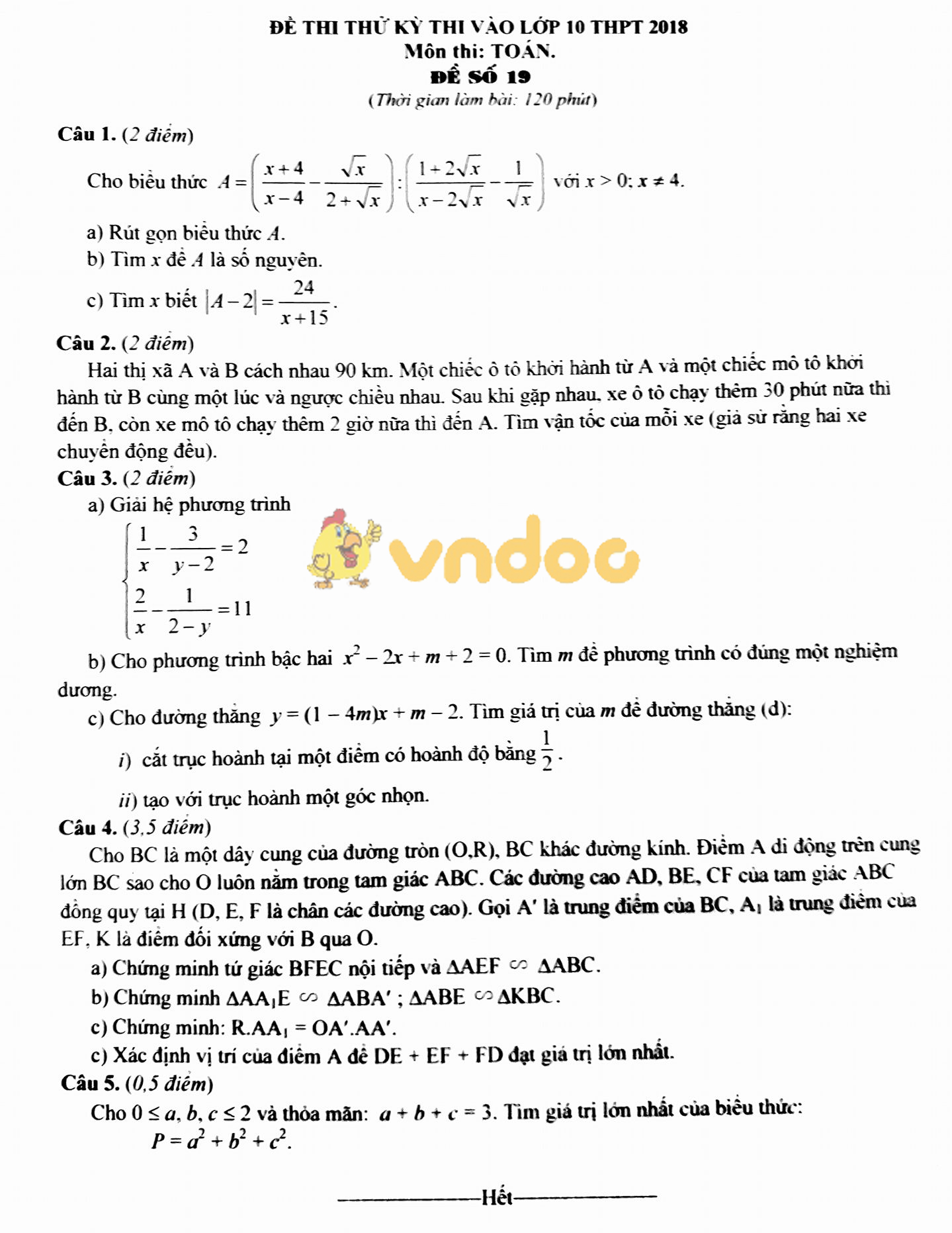 Đề thi thử vào lớp 10 môn Toán năm học 2018 - 2019 (đề số 19)
