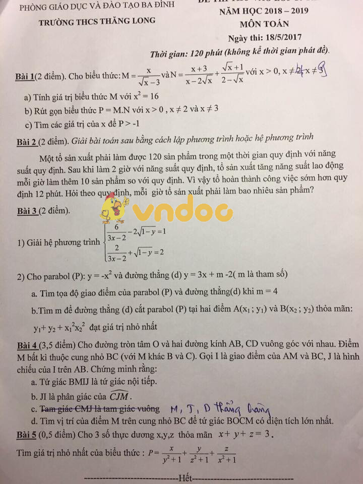 Đề thi thử vào lớp 10 môn Toán trường THCS Thăng Long, Ba Đình năm học 2018 - 2019