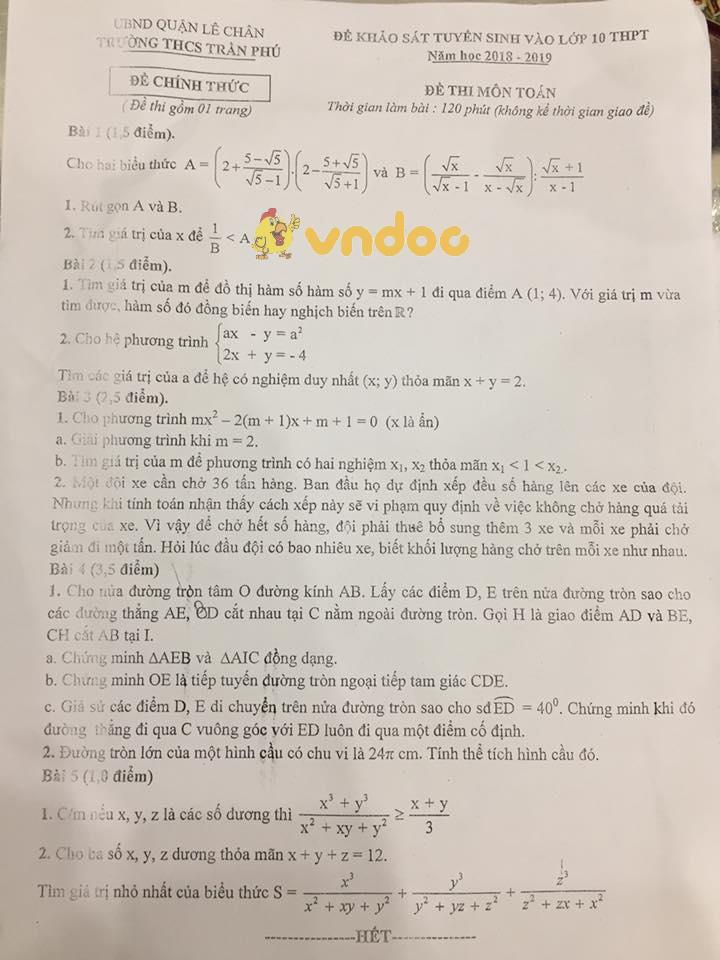 Đề thi thử vào lớp 10 môn Toán trường THCS Trần Phú, Lê Chân năm học 2018 - 2019