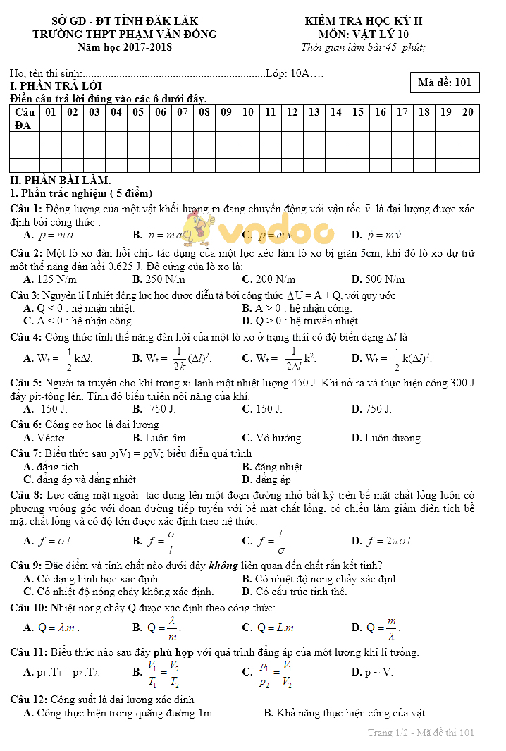 Đề kiểm tra học kì 2 lớp 10 môn Vật lý trường THPT Phạm Văn Đồng, Đăk Lăk năm học 2017 - 2018