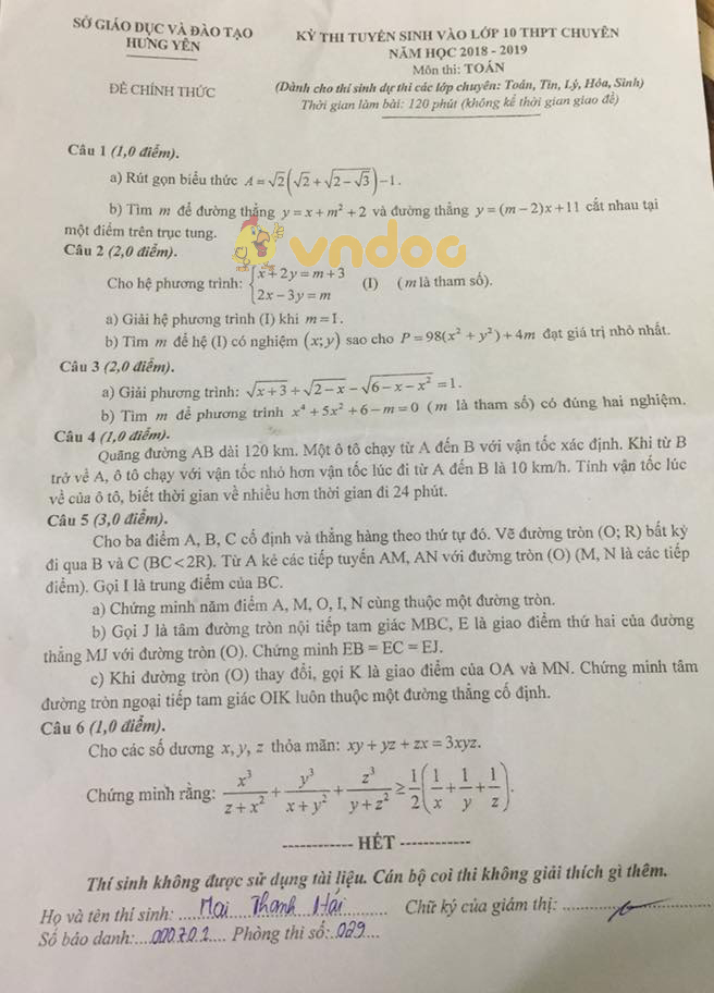 Đề thi tuyển sinh vào lớp 10 THPT Chuyên môn Toán Sở GD&ĐT Hưng Yên năm học 2018 - 2019