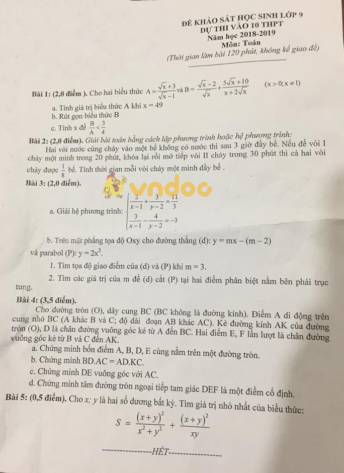 Đề thi thử vào lớp 10 môn Toán trường THCS Hoàng Sơn, Mỹ Đức năm học 2018 - 2019