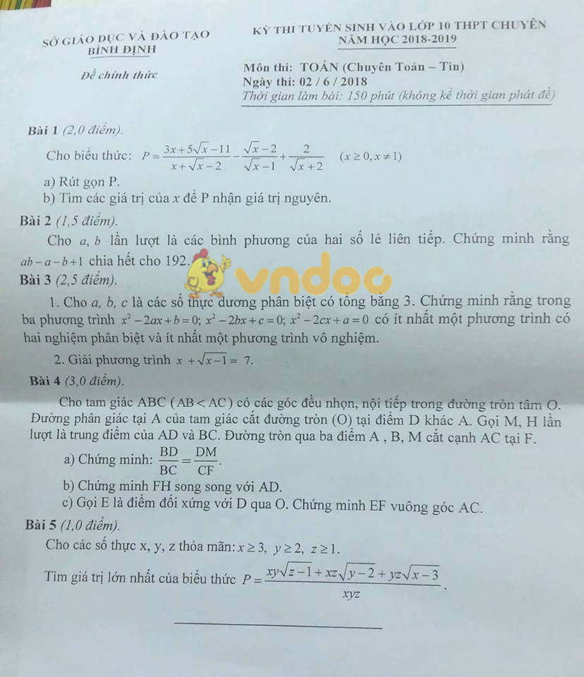 Đề thi tuyển sinh vào lớp 10 THPT Chuyên môn Toán Sở GD&ĐT Bình Định năm học 2018 - 2019