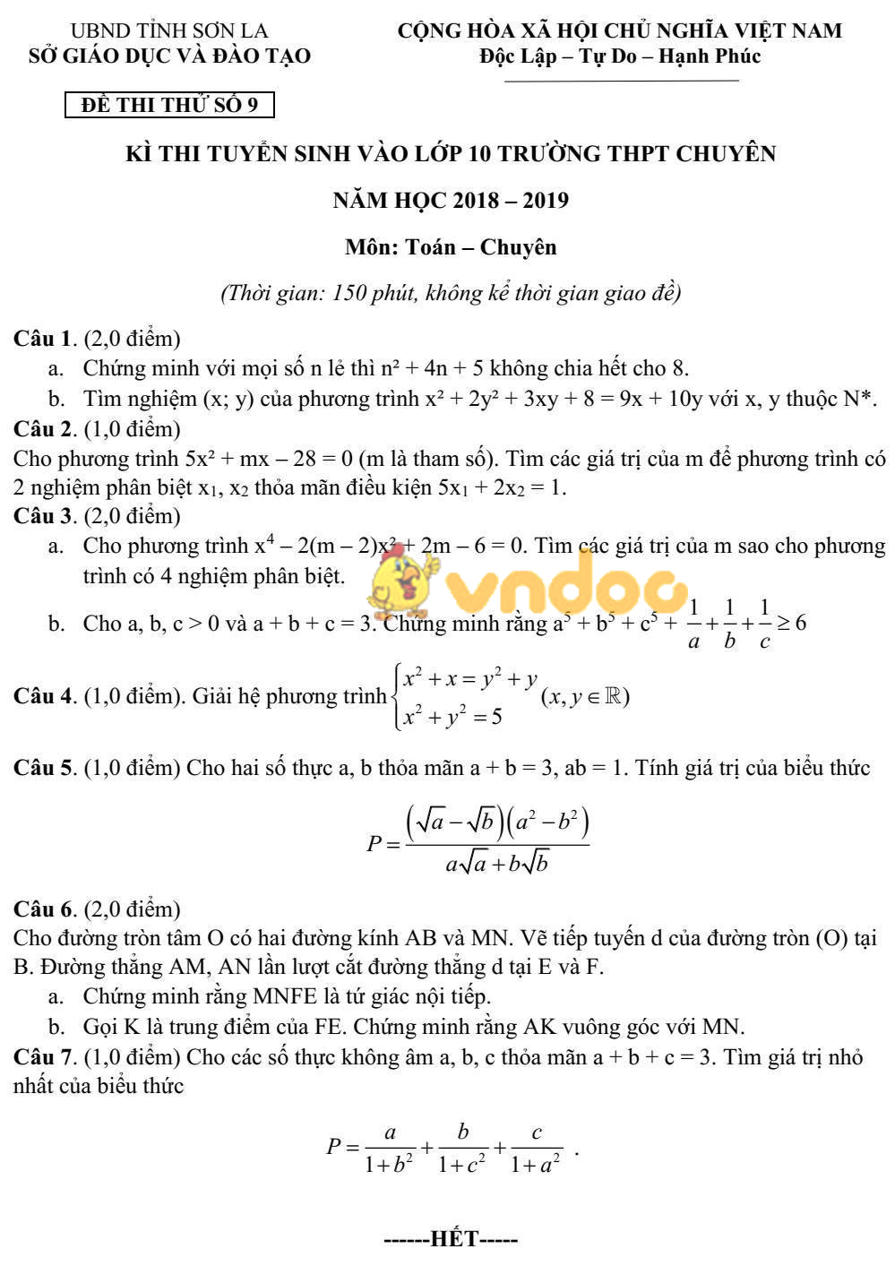 Đề thi tuyển sinh vào lớp 10 THPT Chuyên môn Toán Sở GD&ĐT Sơn La năm học 2018 - 2019