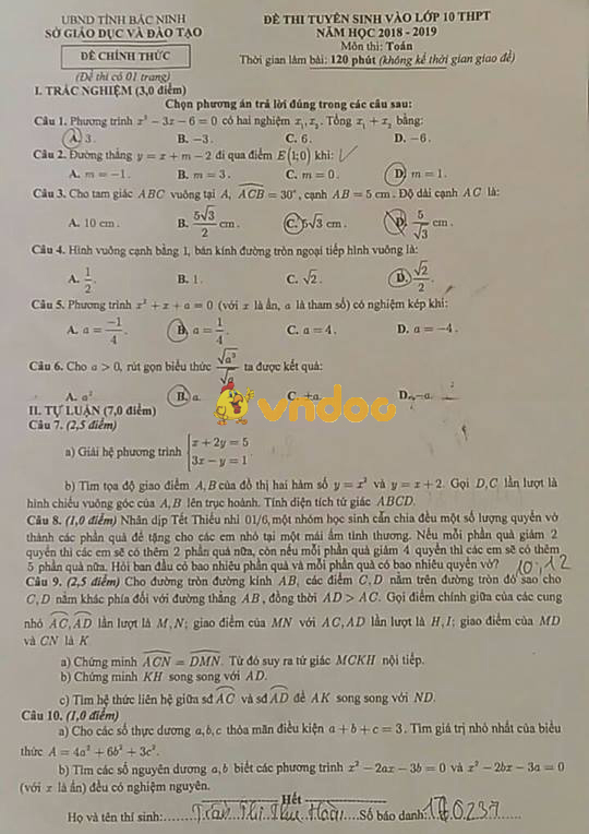 Đề thi tuyển sinh vào lớp 10 THPT môn Toán Sở GD&ĐT Bắc Ninh năm học 2018 - 2019