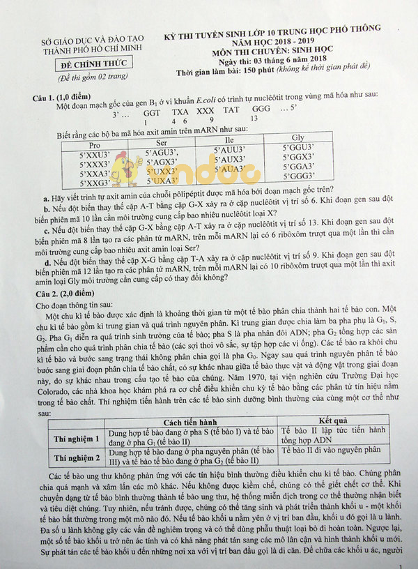 Đề thi tuyển sinh vào lớp 10 THPT chuyên môn Sinh học Sở GD&ĐT Thành Phố Hồ Chí Minh năm học 2018 - 2019