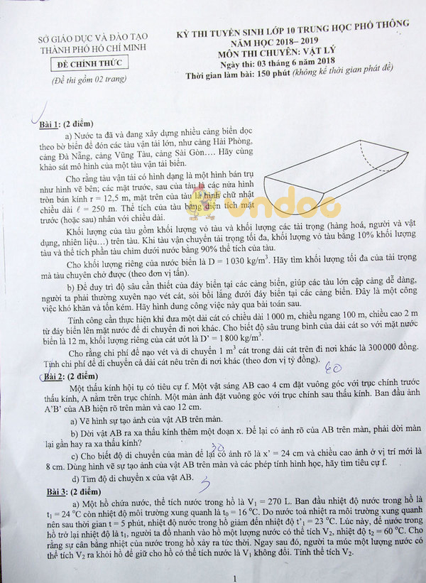 Đề thi tuyển sinh vào lớp 10 THPT Chuyên môn Vật lý Sở GD&ĐT Thành Phố Hồ Chí Minh năm học 2018 - 2019