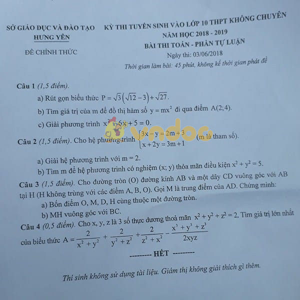 Đề thi tuyển sinh vào lớp 10 THPT không Chuyên môn Toán Sở GD&ĐT Hưng Yên năm học 2018 - 2019