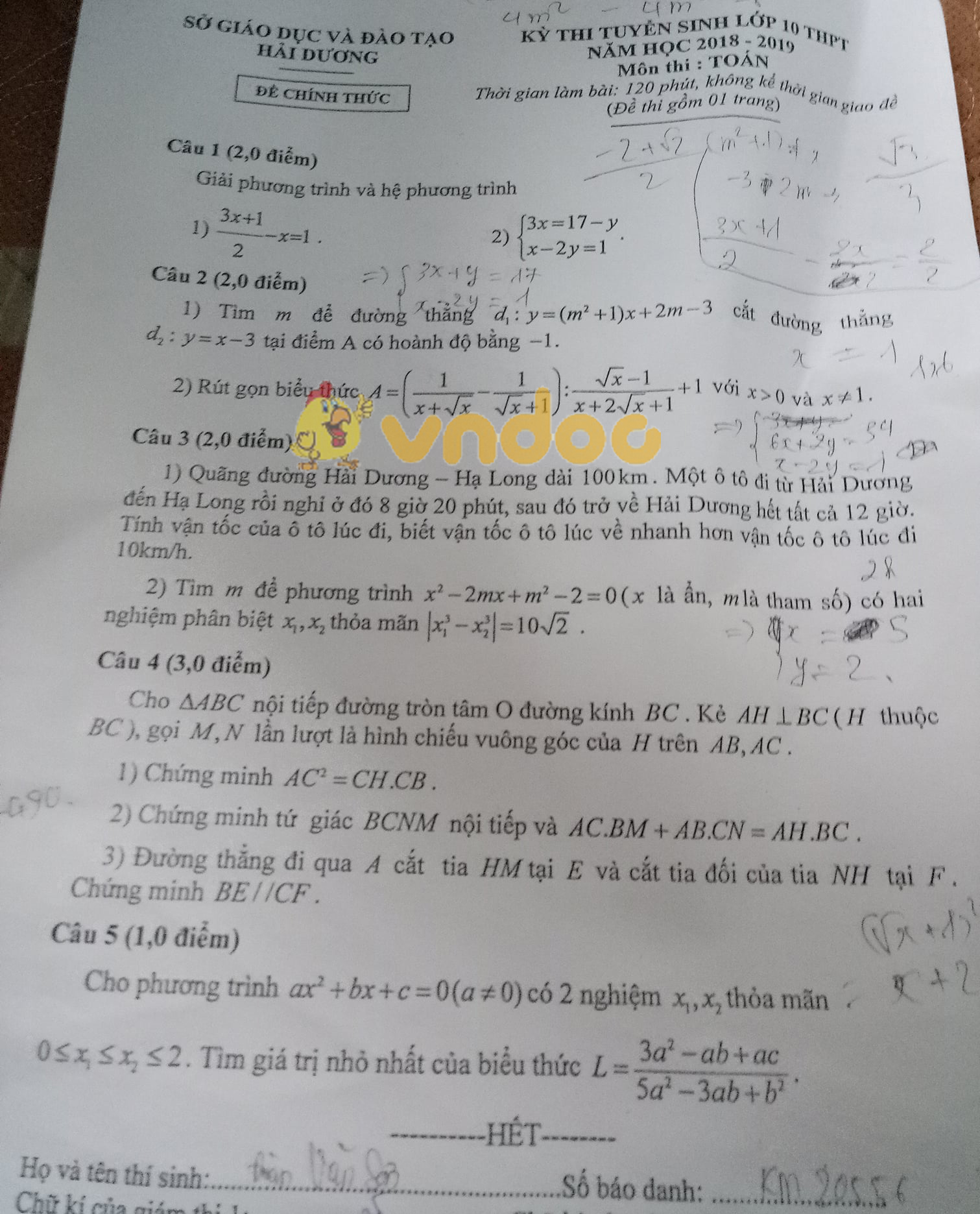 Đề thi tuyển sinh vào lớp 10 THPT môn Toán Sở GD&ĐT Hải Dương năm học 2018 - 2019