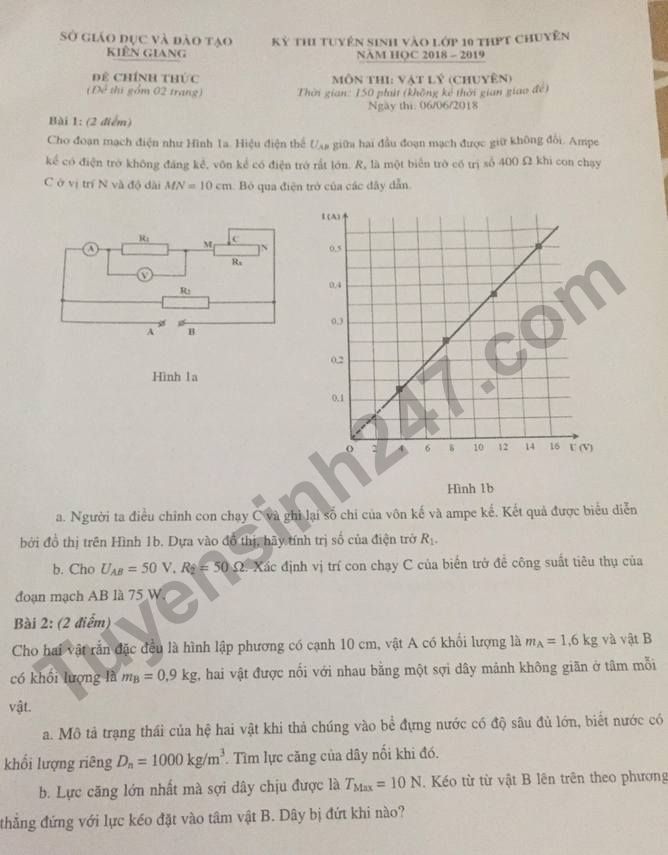 Đề thi tuyển sinh vào lớp 10 THPT Chuyên môn Vật lý Sở GD&ĐT Kiên Giang năm học 2018 - 2019