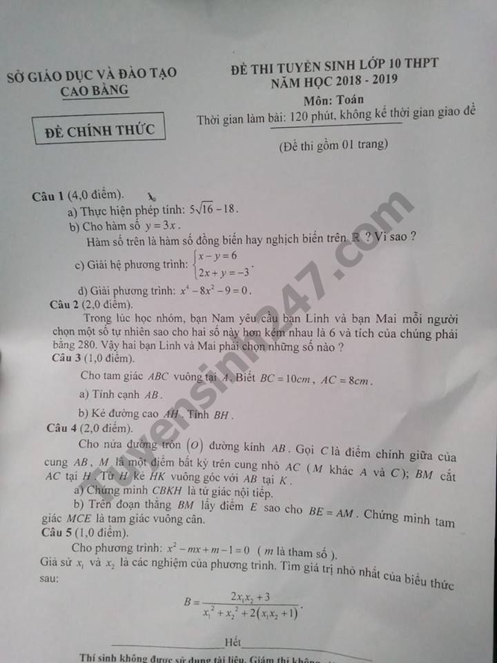 Đề thi tuyển sinh vào lớp 10 THPT môn Toán Sở GD&ĐT Cao Bằng năm học 2018 - 2019