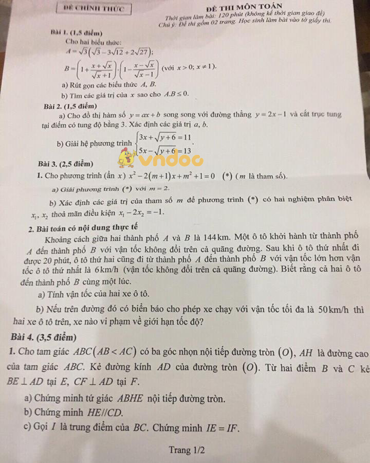 Đề thi tuyển sinh vào lớp 10 THPT môn Toán Sở GD&ĐT Hải Phòng năm học 2018 - 2019