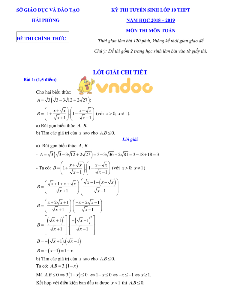 Đề thi tuyển sinh vào lớp 10 THPT môn Toán Sở GD&ĐT Hải Phòng năm học 2018 - 2019