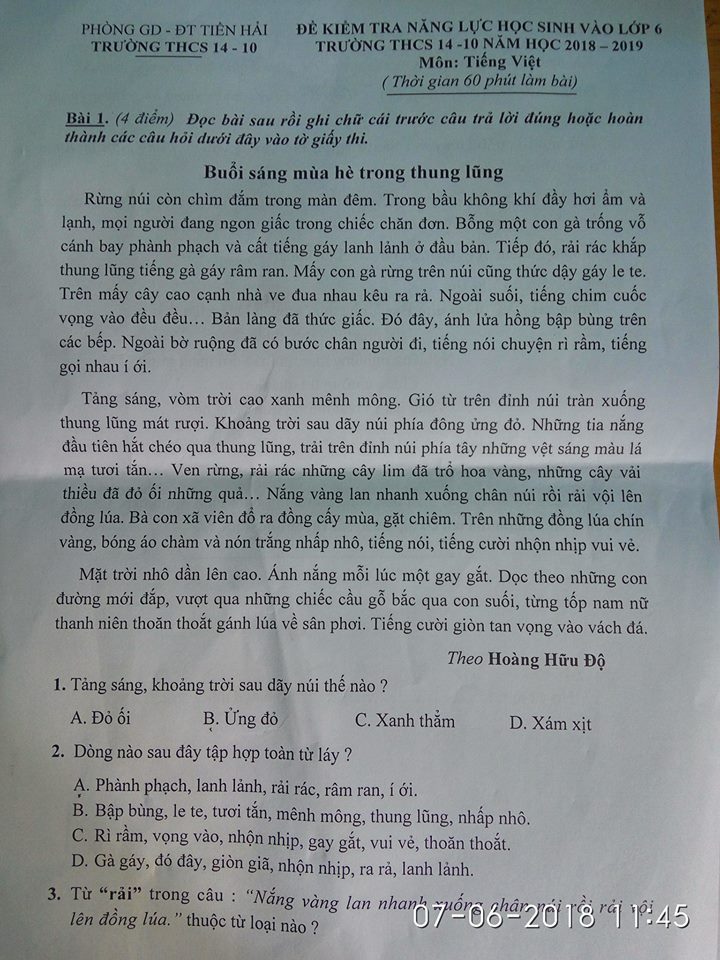 Đề thi vào lớp 6 môn Tiếng Việt