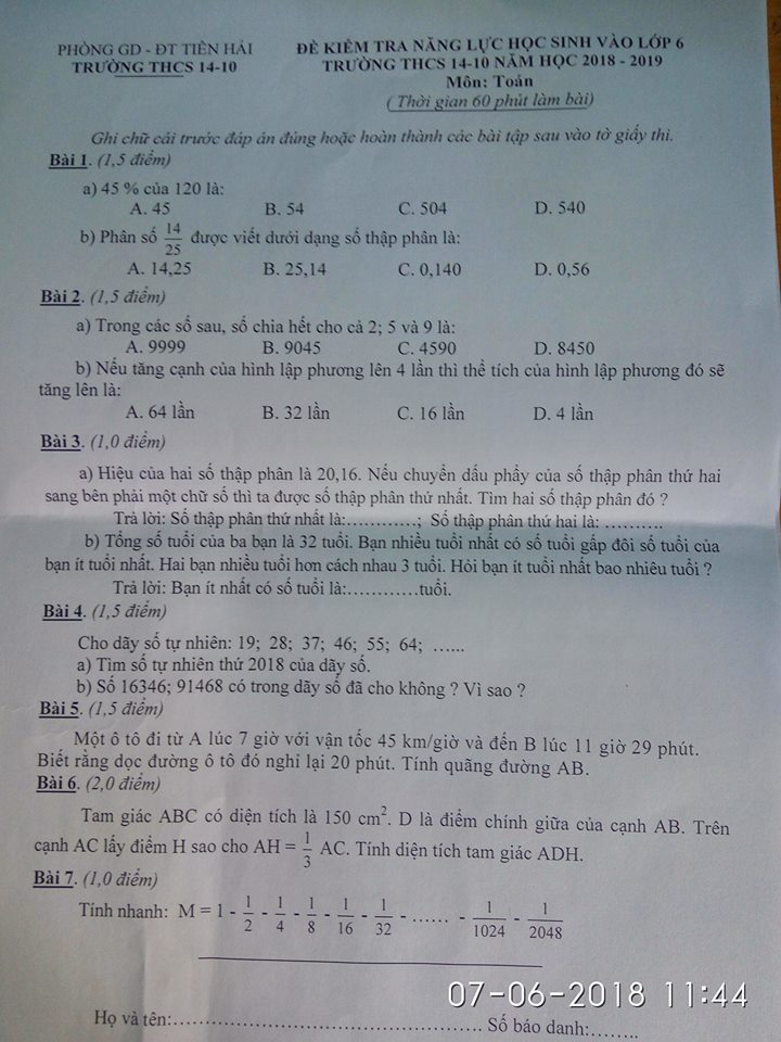 Đề thi vào lớp 6 môn Toán