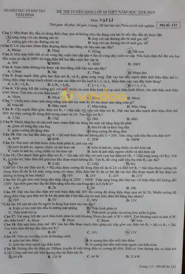 Đề thi tuyển sinh vào lớp 10 môn Vật lý Sở GD&ĐT Thái Bình năm học 2018 - 2019