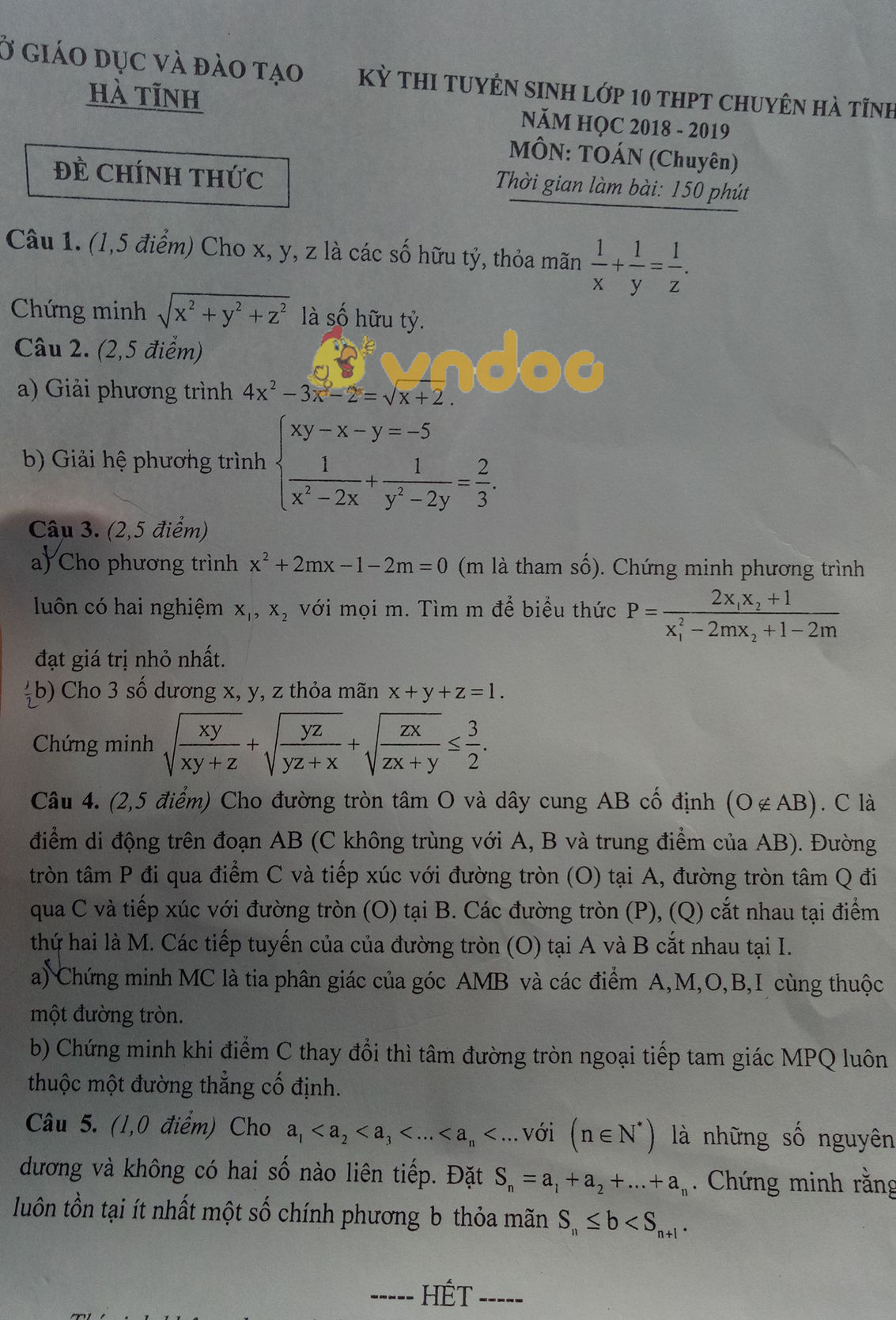 Đề thi tuyển sinh vào lớp 10 THPT chuyên môn Toán Sở GD&ĐT Hà Tĩnh năm học 2018 - 2019