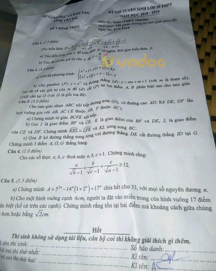 Đề thi tuyển sinh vào lớp 10 THPT chuyên môn Toán Sở GD&ĐT Yên Bái năm học 2018 - 2019