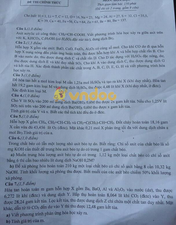 Đề thi tuyển sinh vào lớp 10 môn Hóa học Sở GD&ĐT Hà Tĩnh năm học 2018 - 2019