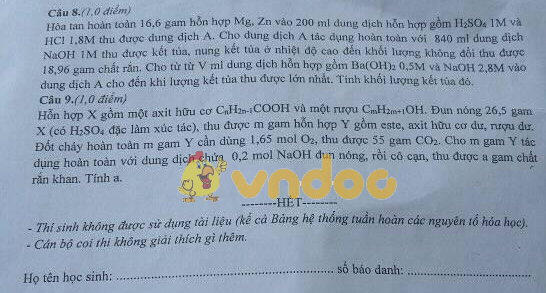 Đề thi tuyển sinh vào lớp 10 môn Hóa học Sở GD&ĐT Hà Tĩnh năm học 2018 - 2019