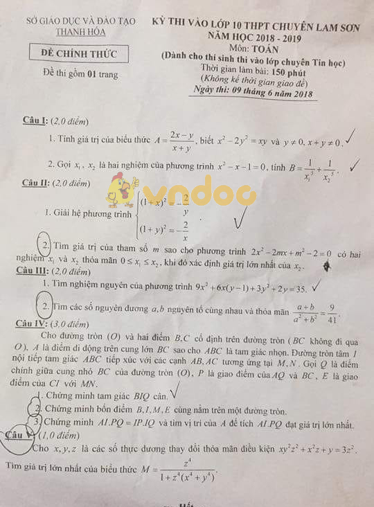 Đề thi tuyển sinh vào lớp 10 môn Toán trường THPT Chuyên Lam Sơn, Thanh Hóa năm học 2018 - 2019 (chuyên tin học)