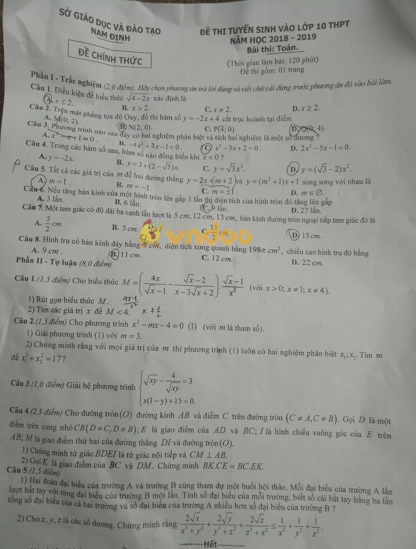 Đề thi tuyển sinh vào lớp 10 môn Toán Sở GD&ĐT Nam Định năm học 2018 - 2019