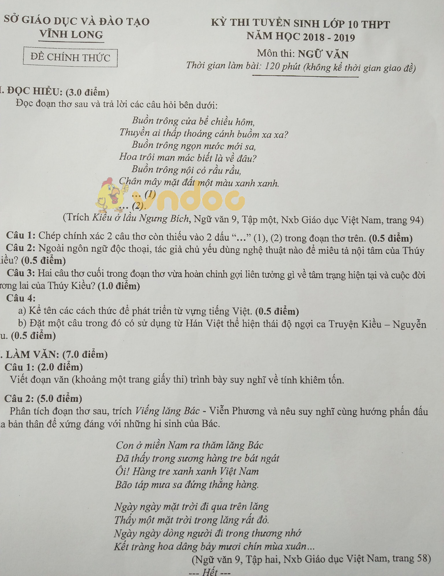 Đề thi tuyển sinh vào lớp 10 môn Ngữ văn Sở GD&ĐT Vĩnh Long năm học 2018 - 2019