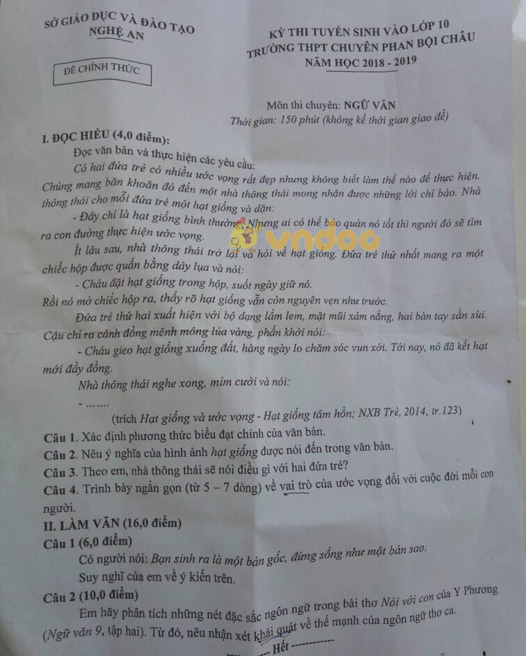 Đề thi tuyển sinh vào lớp 10 môn Ngữ văn trường chuyên Phan Bội Châu, Nghệ An năm học 2018 - 2019