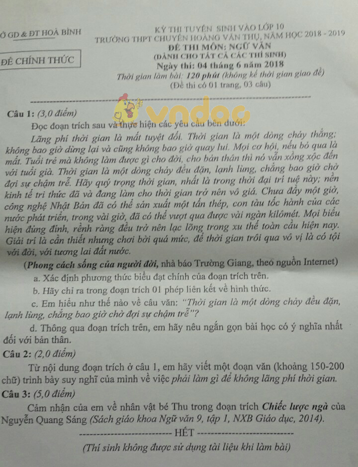 Đề thi tuyển sinh vào lớp 10 môn Ngữ văn trường THPT chuyên Hoàng Văn Thụ, Hòa Bình năm học 2018 - 2019