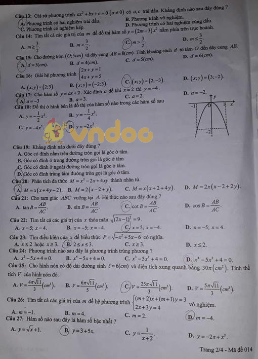 Đề thi tuyển sinh vào lớp 10 môn Toán Sở GD&ĐT Yên Bái năm học 2018 - 2019