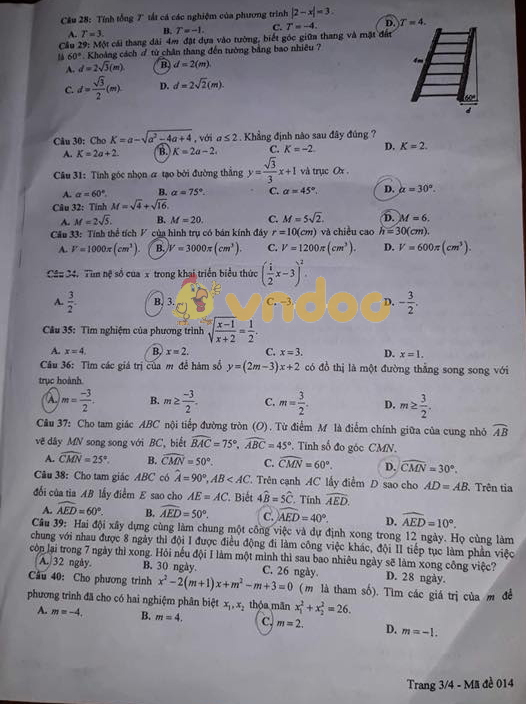 Đề thi tuyển sinh vào lớp 10 môn Toán Sở GD&ĐT Yên Bái năm học 2018 - 2019