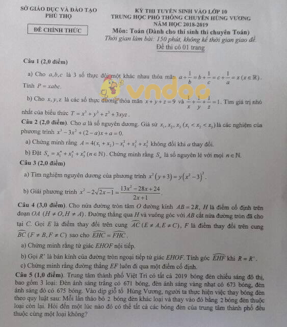 Đề thi tuyển sinh vào lớp 10 môn Toán trường THPT chuyên Hùng Vương, Phú Thọ năm học 2018 - 2019