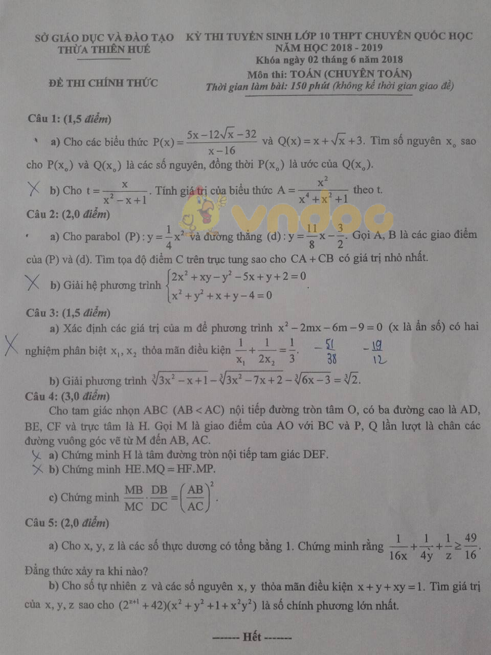 Đề thi tuyển sinh vào lớp 10 môn Toán trường THPT chuyên Quốc Học, Thừa Thiên Huế năm học 2018 - 2019