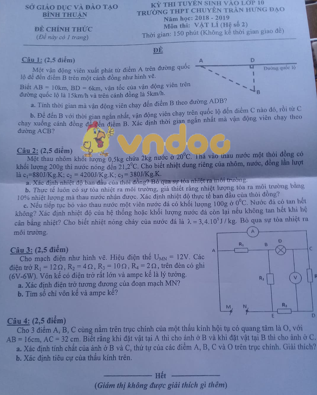 Đề thi tuyển sinh vào lớp 10 môn Vật lý trường THPT chuyên Trần Hưng Đạo, Bình Thuận năm học 2018 - 2019