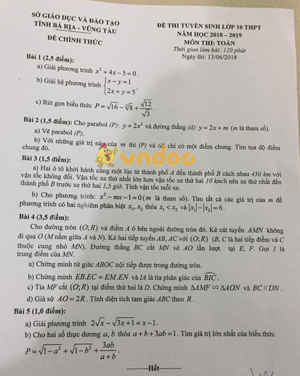 Đề thi tuyển sinh vào lớp 10 môn Toán Sở GD&ĐT Bà Rịa - Vũng Tàu năm học 2018 - 2019