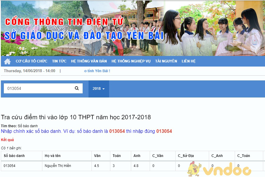 Điểm thi vào lớp 10 THPT Sở GD&ĐT Yên Bái năm học 2018 - 2019