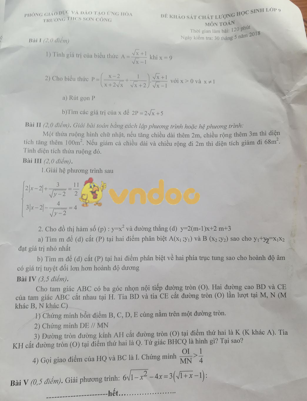 Đề KSCL lớp 9 môn Toán trường THCS Sơn Công, Ứng Hòa năm 2017 - 2018