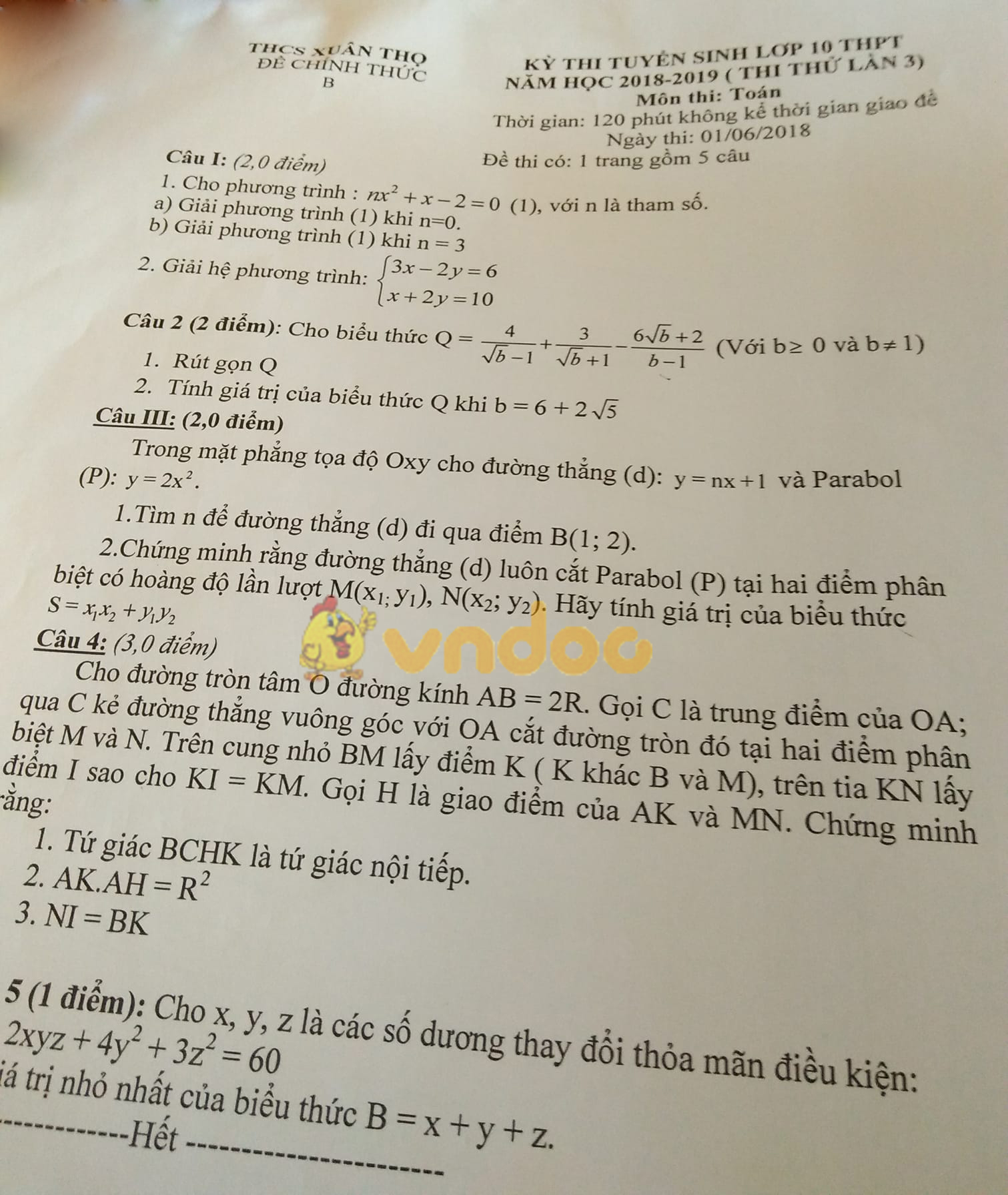 Đề thi thử vào lớp 10 môn Toán trường THCS Xuân Thọ năm học 2018 - 2019 (lần 3)
