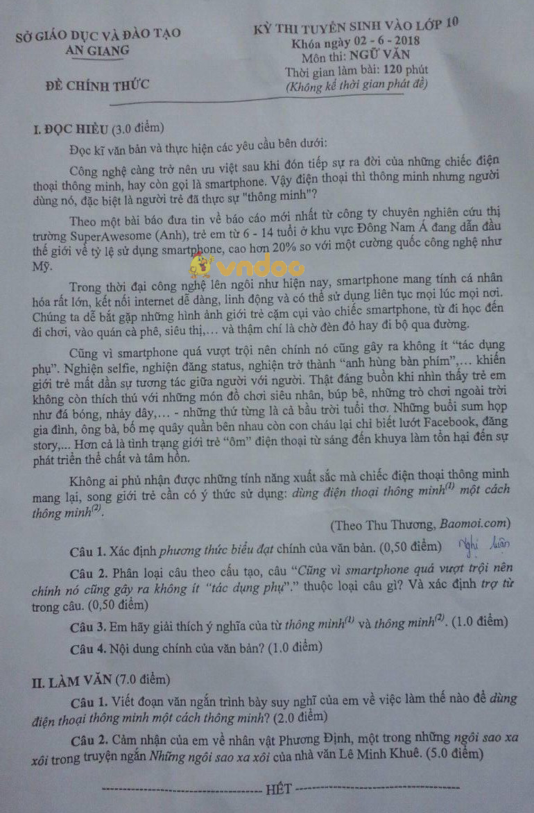 Đề thi tuyển sinh vào lớp 10 môn Ngữ văn Sở GD&ĐT An Giang năm học 2018 - 2019