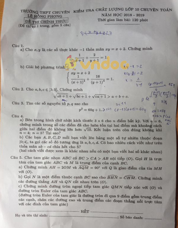 Đề kiểm tra chất lượng lớp 10 chuyên Toán trường THPT Lê Hồng Phong năm học 2018 - 2019