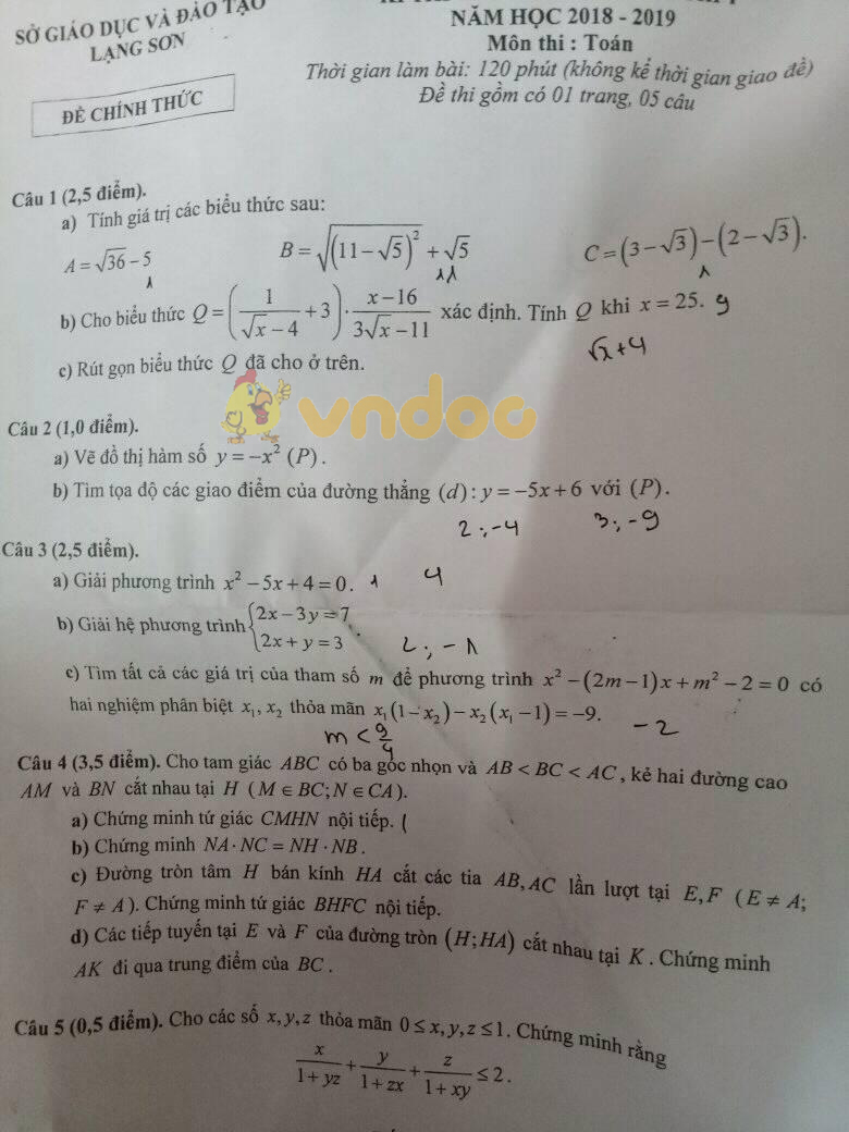 Đề thi tuyển sinh vào lớp 10 môn Toán Sở GD&ĐT Lạng Sơn năm học 2018 - 2019