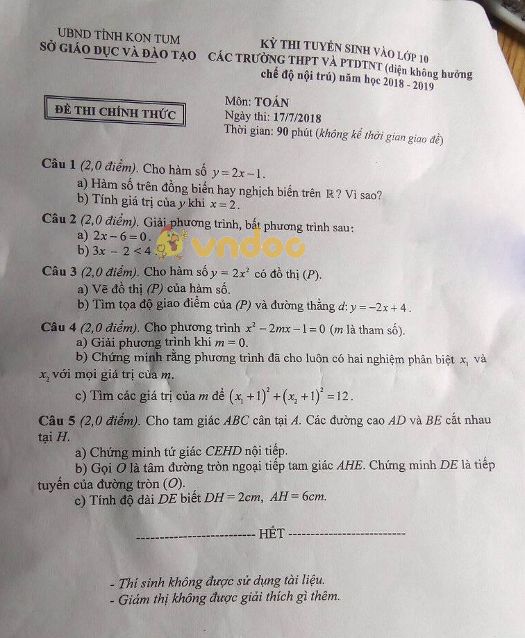 Đề thi tuyển sinh vào lớp 10 môn Toán Sở GD&ĐT Kon Tum năm học 2018 - 2019