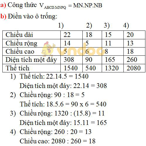 Giải bài tập SGK Toán lớp 8 bài 3: Thể tích của hình hộp chữ nhật