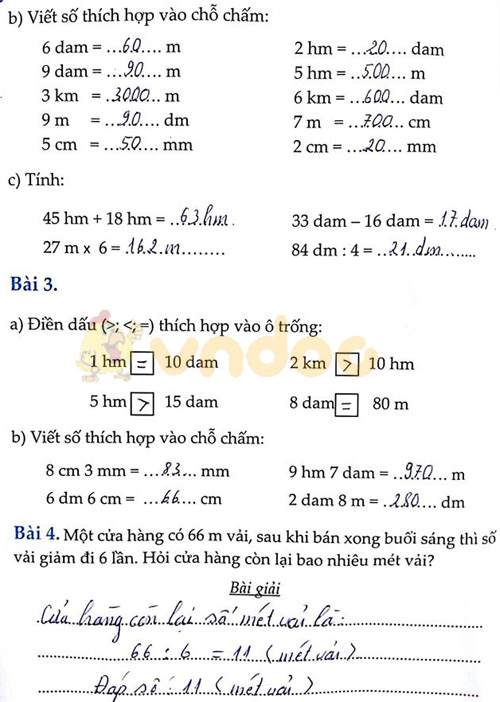Đáp án Cùng em học Toán lớp 3 Tuần 9 - Đề 2: