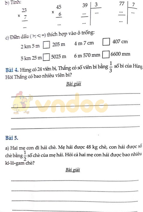 Đề bài Cùng em học Toán lớp 3 Tuần 10 - Đề 1
