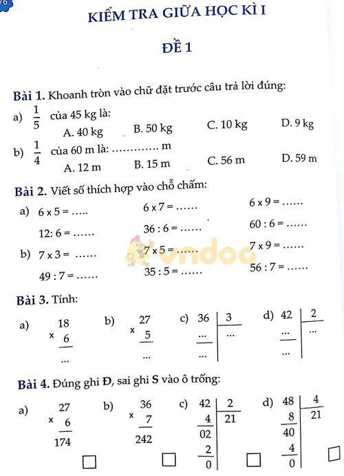 Kiểm tra giữa học kỳ 1 Toán lớp 3 - Đề 1