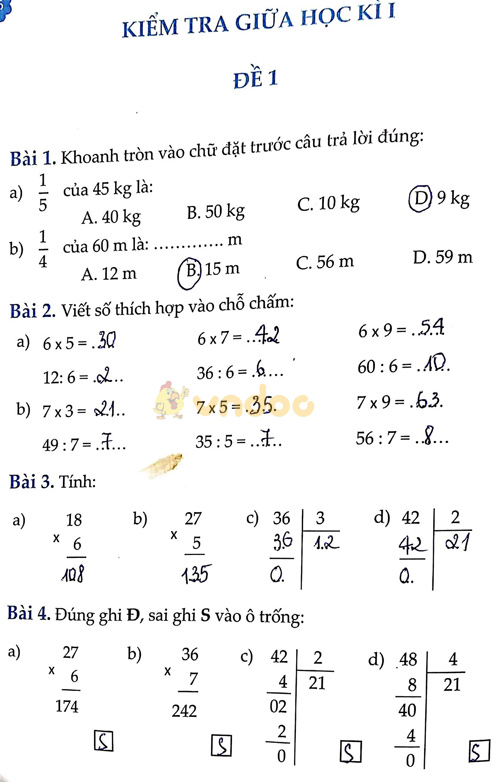 Kiểm tra giữa học kỳ 1 Toán lớp 3 - Đề 1