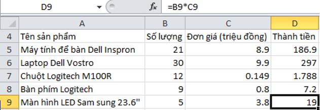 Giải bài tập SGK Tin học 7 bài 5: Thao tác với bảng tính