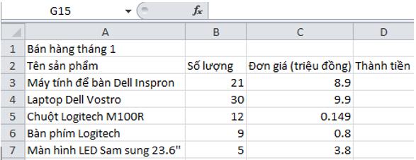 Giải bài tập SGK Tin học 7 bài 5: Thao tác với bảng tính