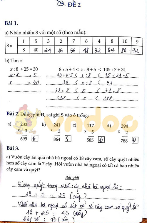 Đề bài Cùng em học Toán lớp 3 Tuần 11 - Đề 2